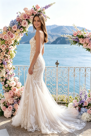 Elegant Floral Embroidered Mermaid Wedding Dresses With Delicate Spaghetti Straps,WD0607