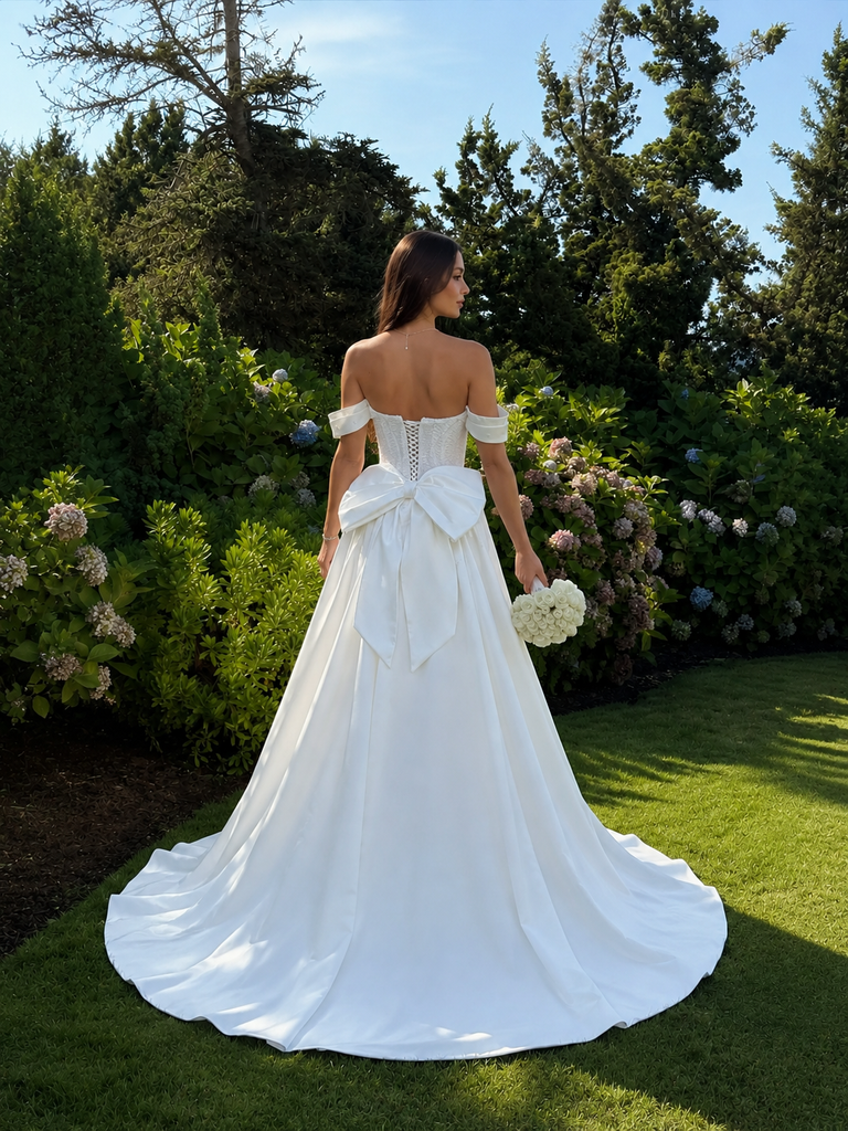 Modern Off Shoulder Beaded Wedding Dresses Fancy Detachable Train Gown,WD0644