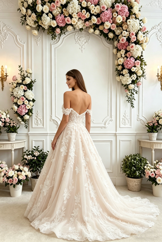 Elegant Off Shoulder Off-White Floral Lace A Line Wedding dresses,WD0588