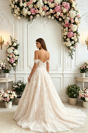 Elegant Off Shoulder Off-White Floral Lace A Line Wedding dresses,WD0588