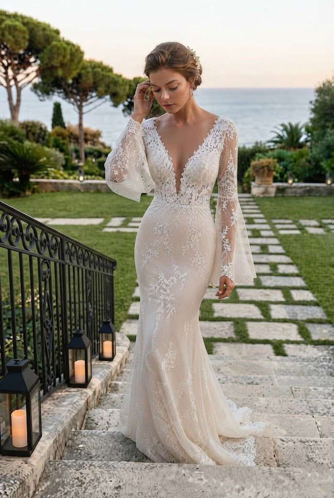 Elegant White Lace Bell Sleeve Mermaid Wedding Dresses Pretty V Neck Bridal Gown,WD0638