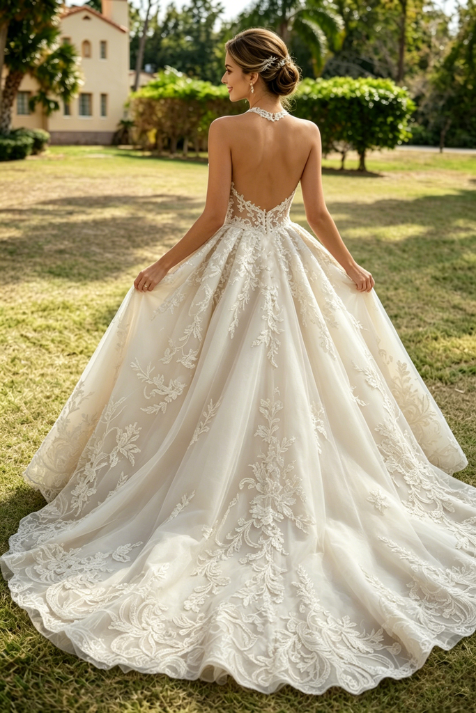 Fancy Lace Applique Wedding Dresses Illusion Halter Neckline Tulle Ball Gown,WD0603