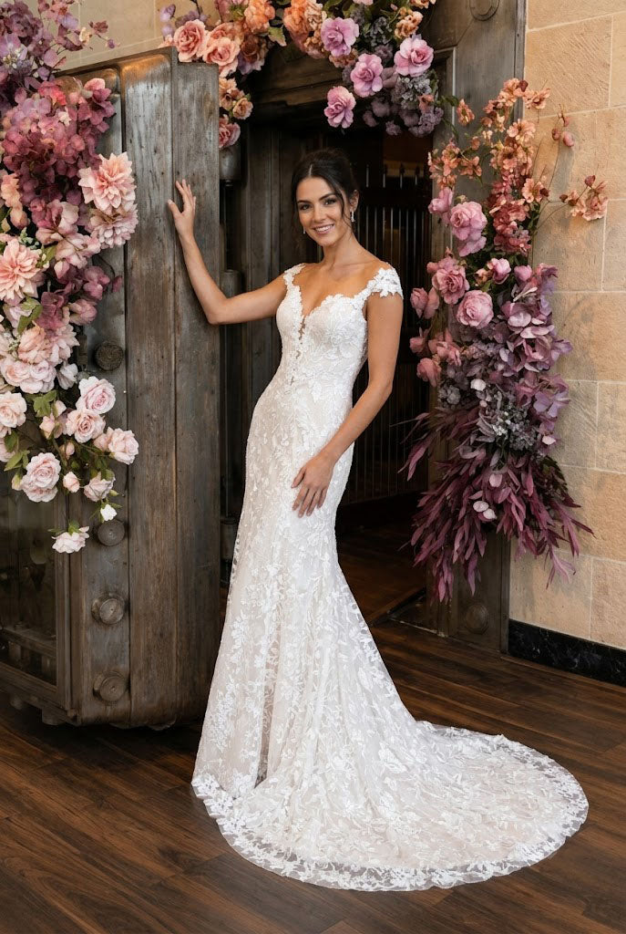 Elegant Lace Off-Shoulder Wedding Dresses Illusion Cap Sleeves Bridal Gown,WD0618