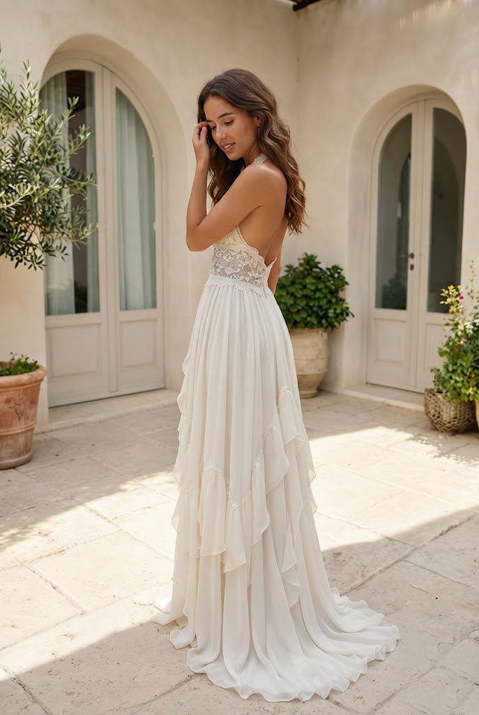 Romantic Halter Neck Lace Chiffon Wedding Dresses High Slit Pleated Bridal Gown,WD0631
