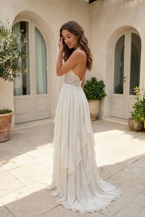Romantic Halter Neck Lace Chiffon Wedding Dresses High Slit Pleated Bridal Gown,WD0631