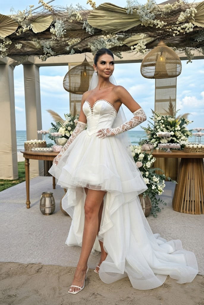 Modern Sweetheart Pearl-Trimmed High-Low Tulle Wedding Dresses with Sleeves,WD0633