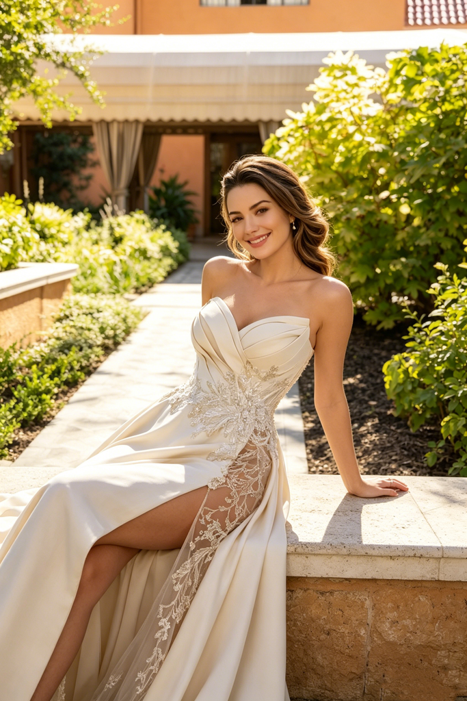 Stunning Champagne Lace Applique Wedding Dresses with Sheer Leg Slit,WD0609