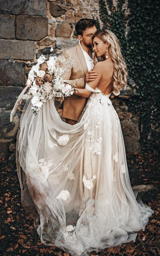 Unique Off Shoulder Floral Lace Wedding Dresses A Line Tulle Bridal Gown,WD0583