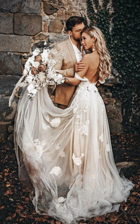 Unique Off Shoulder Floral Lace Wedding Dresses A Line Tulle Bridal Gown,WD0583