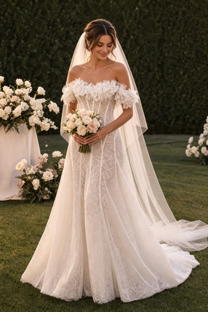 Beautiful Lace Wedding Dresses Off-Shoulder Ruffled Corset Long Cathedral Veil,WD0610