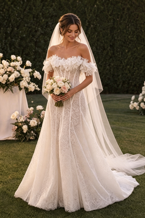 Beautiful Lace Wedding Dresses Off-Shoulder Ruffled Corset Long Cathedral Veil,WD0610