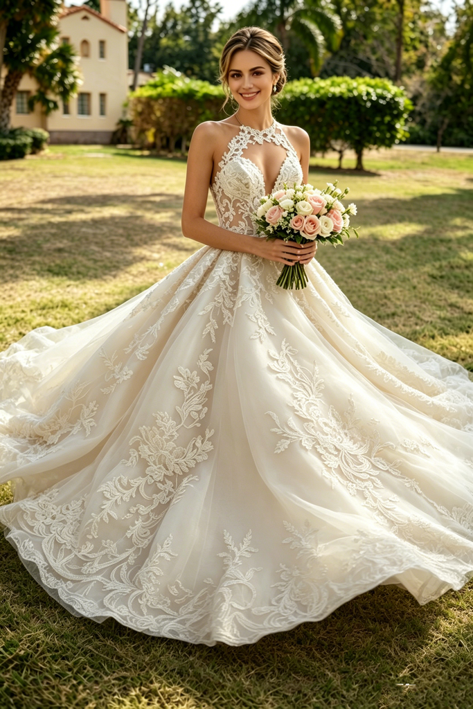 Fancy Lace Applique Wedding Dresses Illusion Halter Neckline Tulle Ball Gown,WD0603