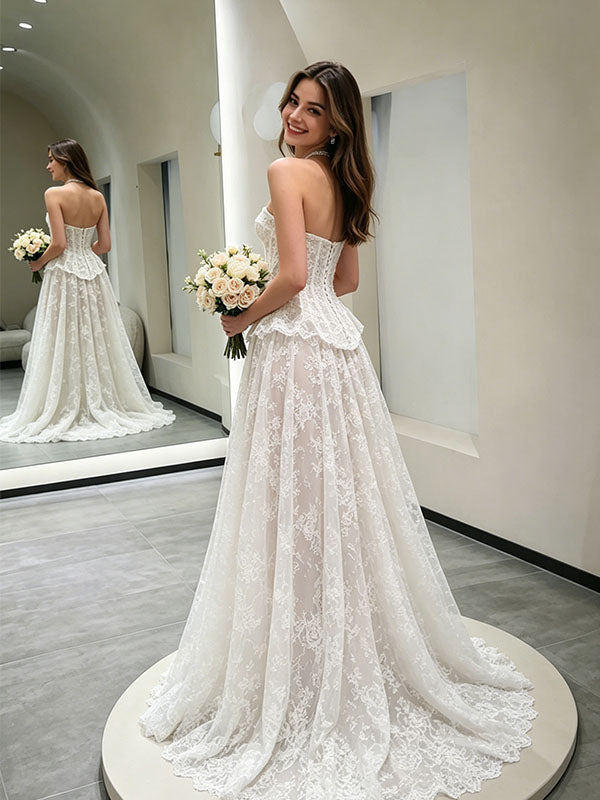 Unique Strapless Corset Wedding Dresses Beautiful Lace Floor Length Bridal Gown,WD0619