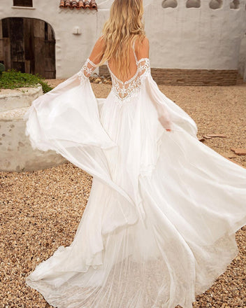 Beautiful Ivory V Neck Long Sleeve Pleated A Line Wedding Dresses,WD0664