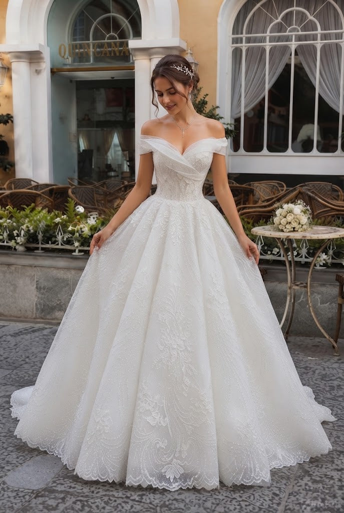Beautiful Off Shoulder Lace Ball Gown Modern Tulle Wedding Dresses,WD0639