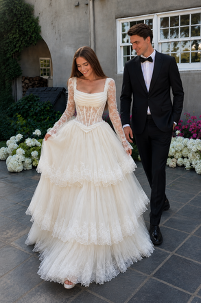 Elegant Square Neck Long Sleeve Ball Gown Floor Length Tiered Lace Wedding Dresses,WD0647
