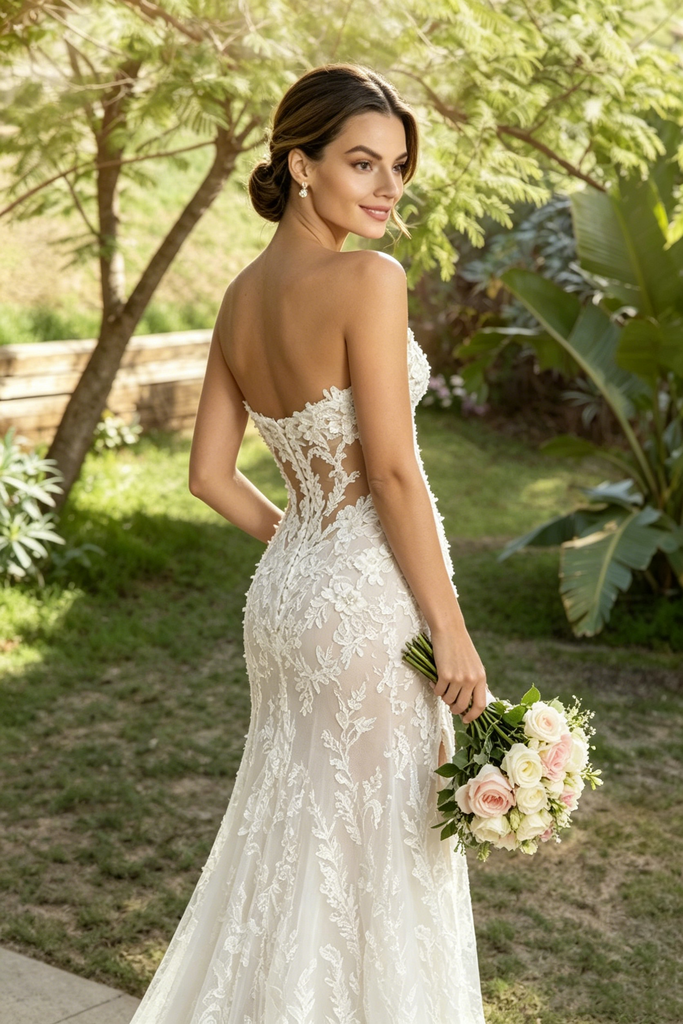 Sexy Deep-V Cutout Floral Lace Mermaid Wedding Dresses with High Slit,WD0605