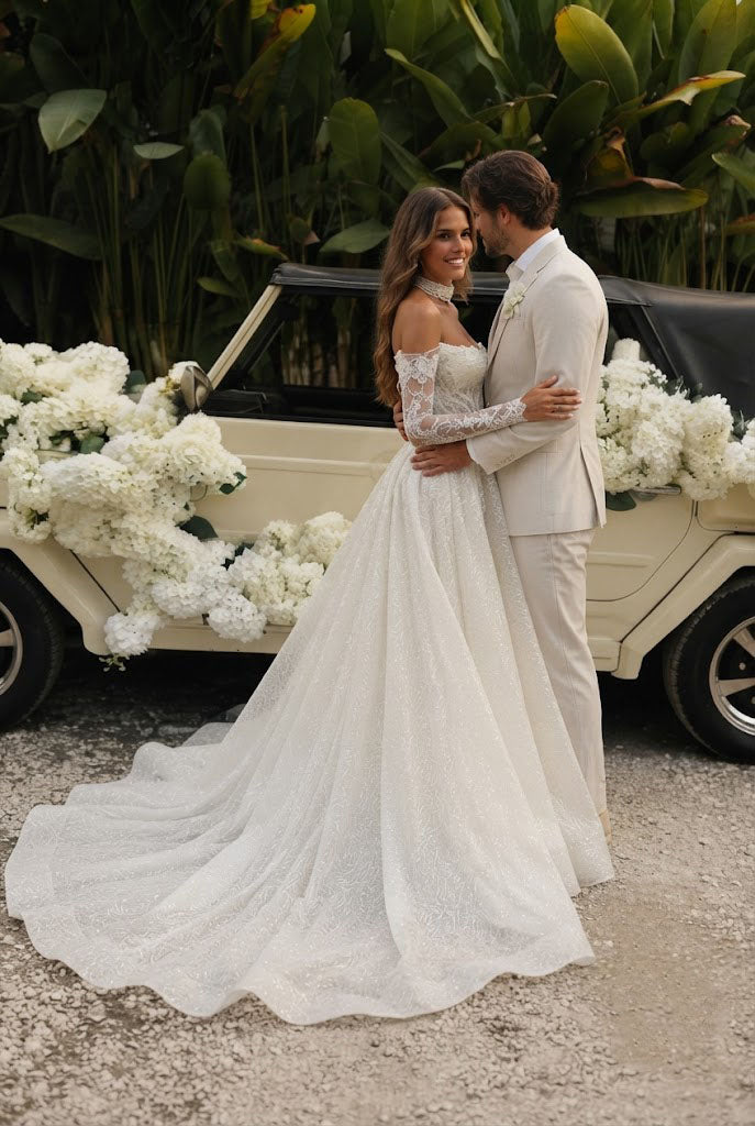 Stunning Off-The-Shoulder Lace Wedding Dresses With Sheer Long Sleeves,WD0635