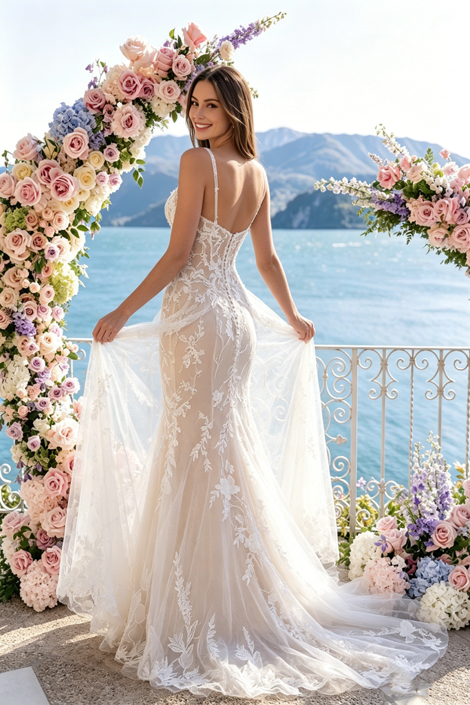 Elegant Floral Embroidered Mermaid Wedding Dresses With Delicate Spaghetti Straps,WD0607
