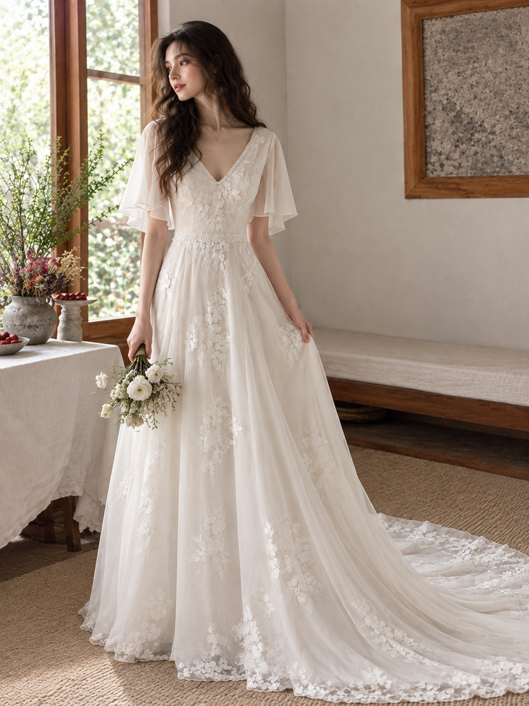 Modern Classy A-Line V-Neck Wedding Dresses Flutter Sleeves Floral Appliques,WD0666