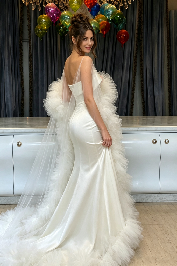 Fancy White Satin Mermaid Wedding Dresses Modern Strapless Gown With Tulle Trim,WD0627