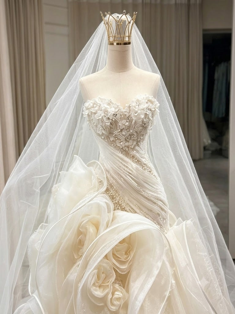 Fancy Unique Ivory Wedding Dresses Mermaid Silhouette Tulle Ruffles Classy Bridal,WD0612