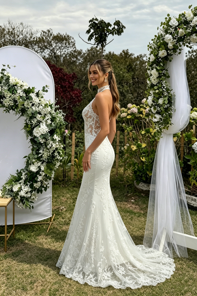 Fancy High Neck Halter Lace Mermaid Wedding Dresses with Illusion Cutout Back,WD0597