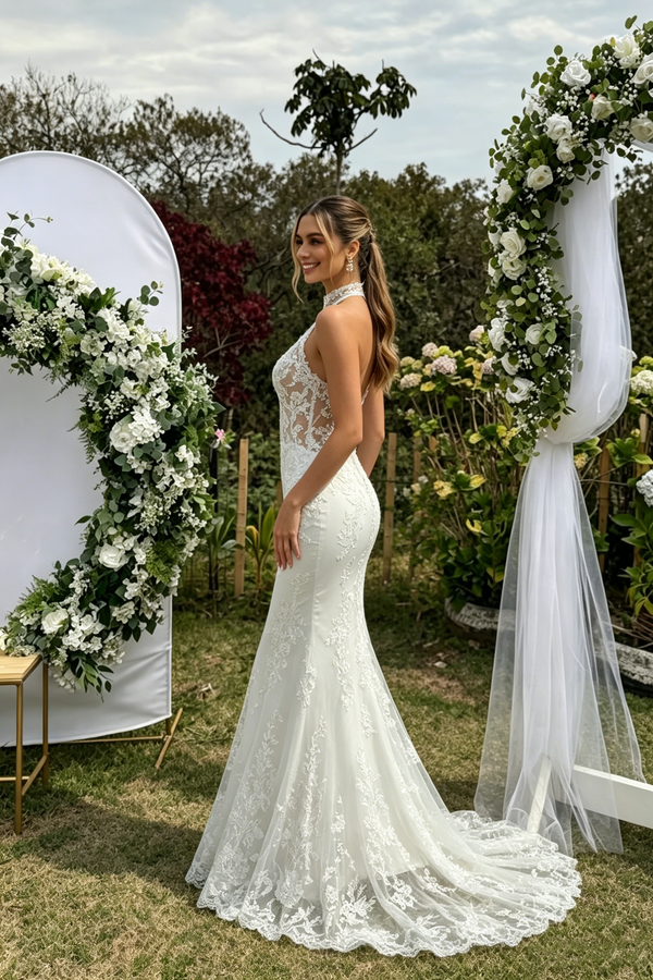 Fancy High Neck Halter Lace Mermaid Wedding Dresses with Illusion Cutout Back,WD0597