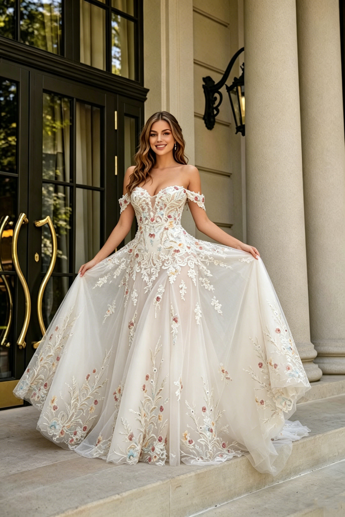Classy Floral Applique Wedding Dresses Cold Shoulder V Neck Embroidery Tulle Dress,WD0600