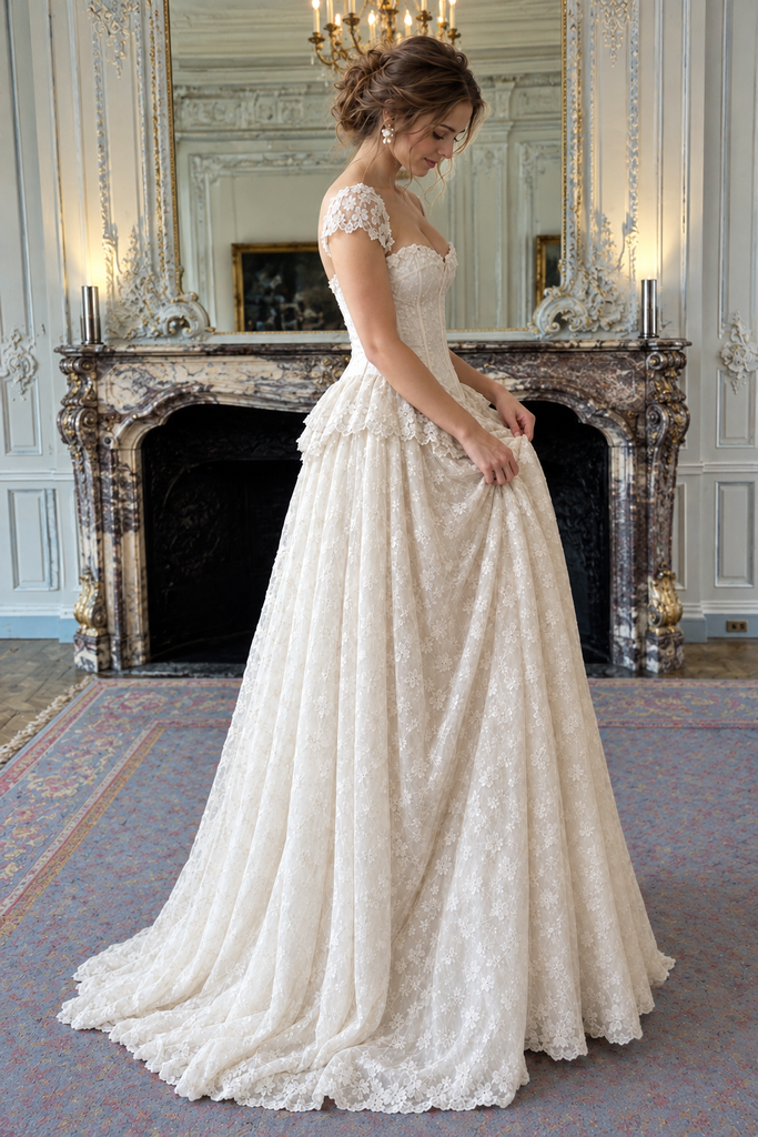 Fancy Ivory Cap Sleeve Corset Lace Wedding Dresses,WD0676