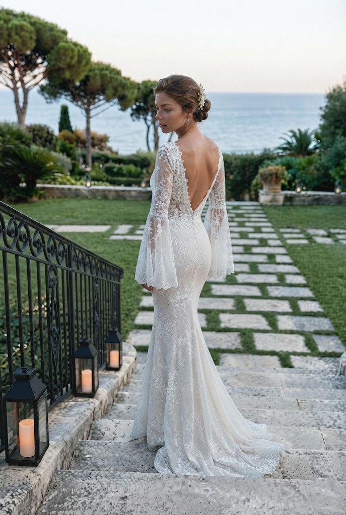 Elegant White Lace Bell Sleeve Mermaid Wedding Dresses Pretty V Neck Bridal Gown,WD0638