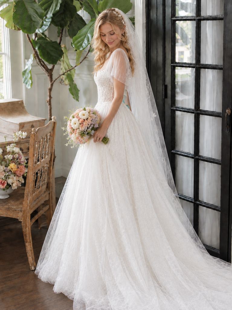 Ivory Lace Bodice A-Line Tulle Wedding Dresses with Flutter Sleeves,WD0657