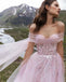 Elegnat Off-The-Shoulder Tulle Wedding Dresses Pink Floral Applique Fairy Style Ball Gown,WD0584