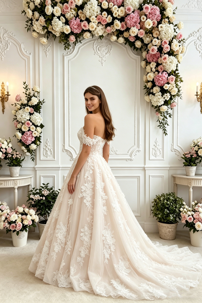 Elegant Off Shoulder Off-White Floral Lace A Line Wedding dresses,WD0588