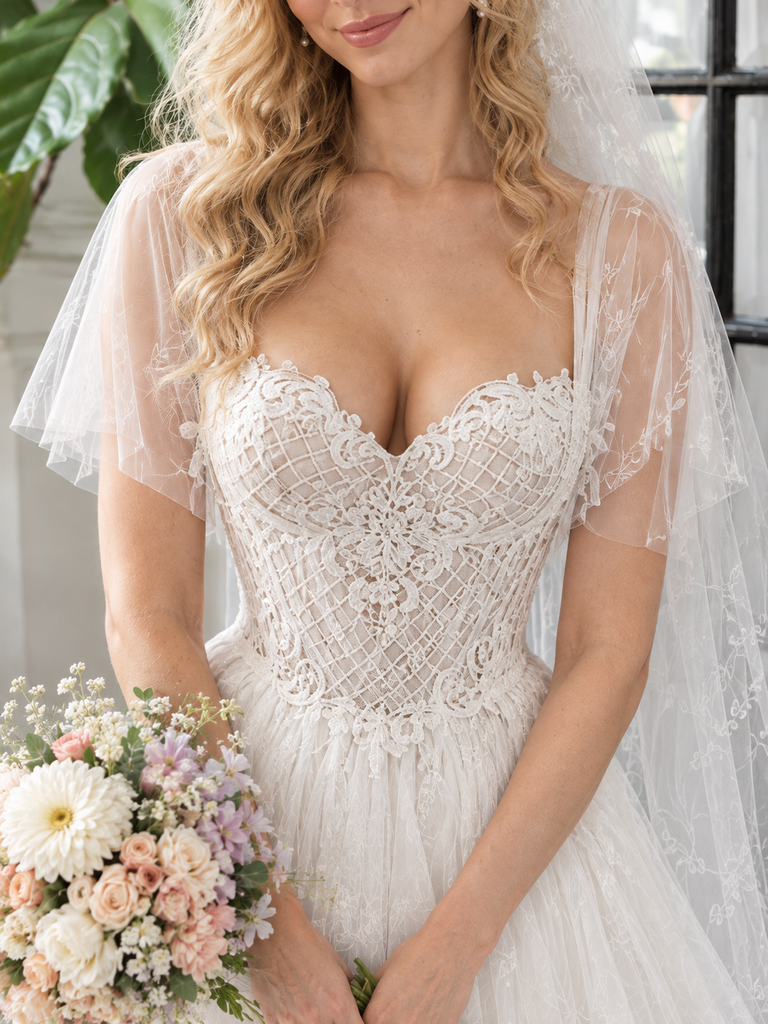 Ivory Lace Bodice A-Line Tulle Wedding Dresses with Flutter Sleeves,WD0657