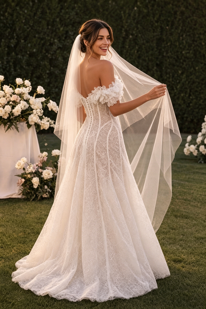 Beautiful Lace Wedding Dresses Off-Shoulder Ruffled Corset Long Cathedral Veil,WD0610
