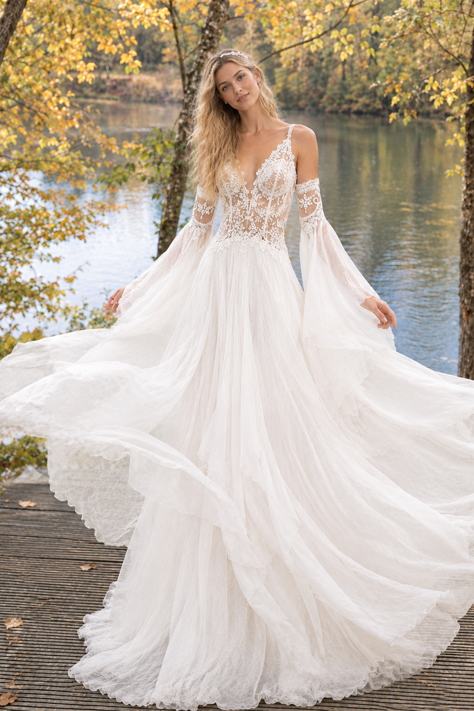 Beautiful Ivory V Neck Long Sleeve Pleated A Line Wedding Dresses,WD0664