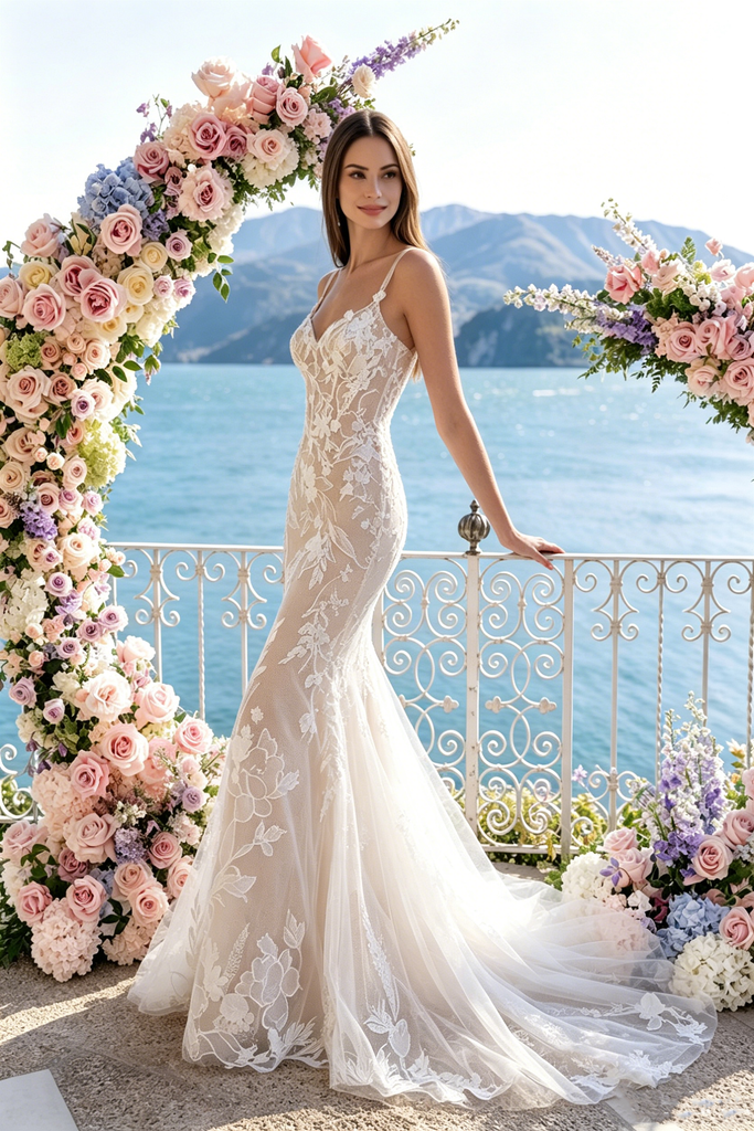 Elegant Floral Embroidered Mermaid Wedding Dresses With Delicate Spaghetti Straps,WD0607