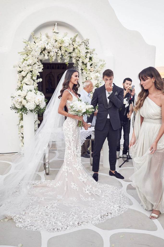 Elegant Applique White Spaghetti Strap Mermaid Long Wedding Dresses With Sweep Trailing,WD0579