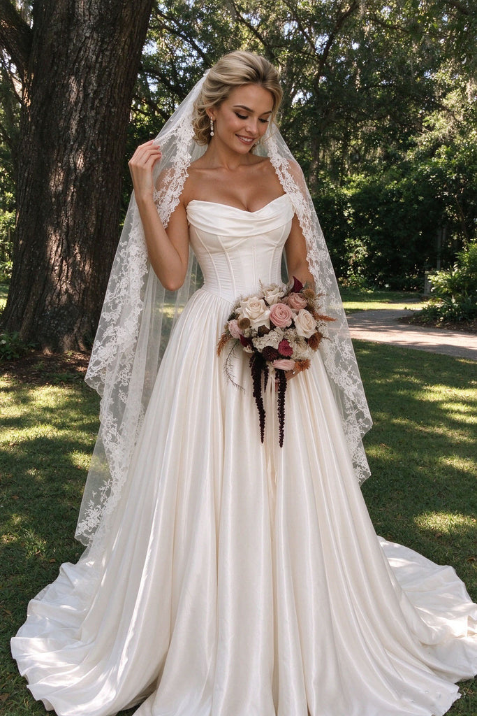 Pretty Ivory Sleeveless Ruched Corset Satin Wedding Dresses,WD0672