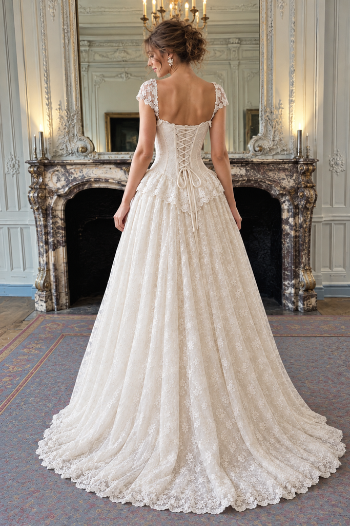 Fancy Ivory Cap Sleeve Corset Lace Wedding Dresses,WD0676