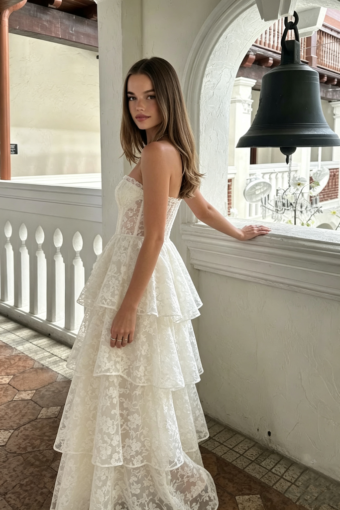 Stunning White Strapless A-Line Tiered Lace Wedding Dresses for a Beautiful Modern Bride,WD0629