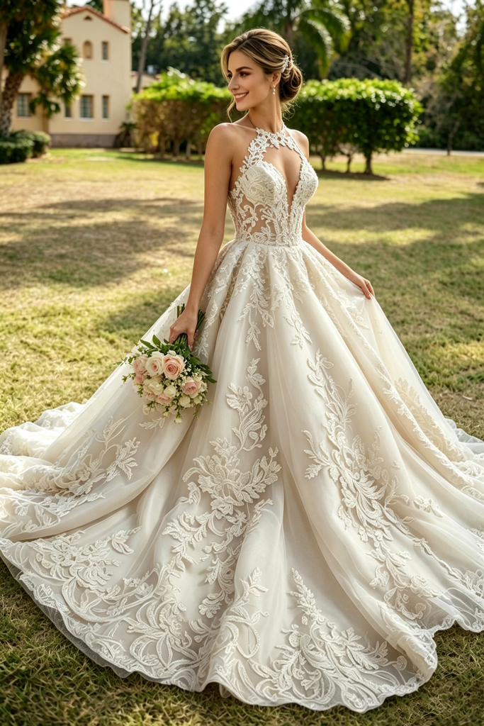 Fancy Lace Applique Wedding Dresses Illusion Halter Neckline Tulle Ball Gown,WD0603