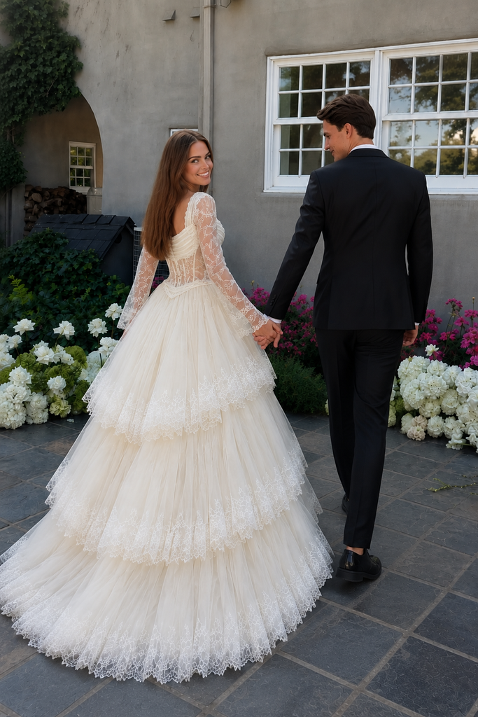 Elegant Square Neck Long Sleeve Ball Gown Floor Length Tiered Lace Wedding Dresses,WD0647