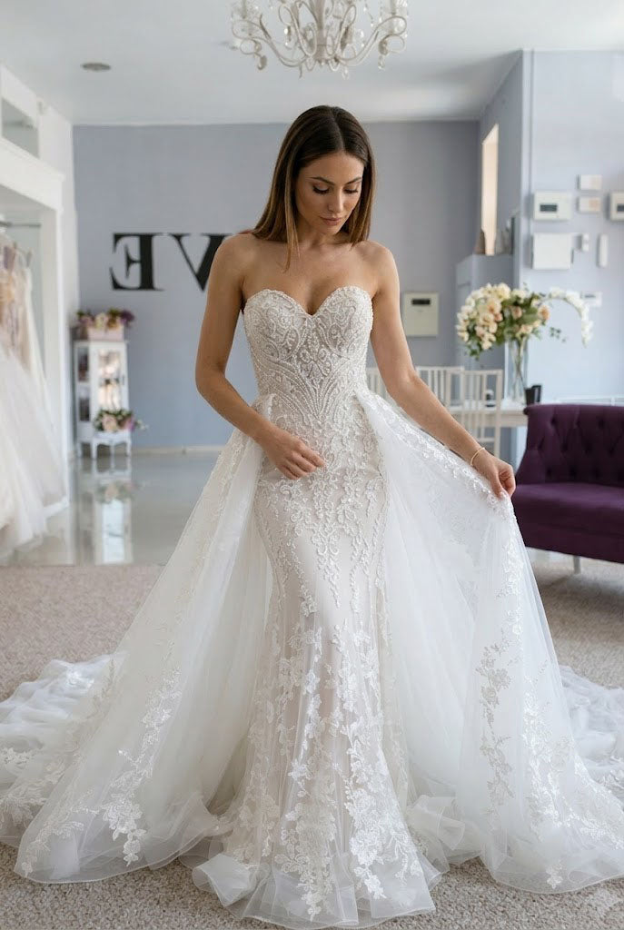 Luxury Strapless Lace Bridal Gown Elegant Mermaid Wedding Dresses Detachable,WD0621