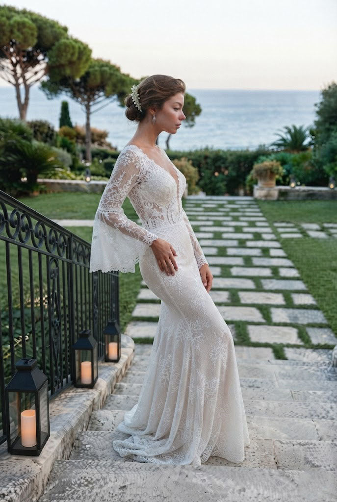 Elegant White Lace Bell Sleeve Mermaid Wedding Dresses Pretty V Neck Bridal Gown,WD0638