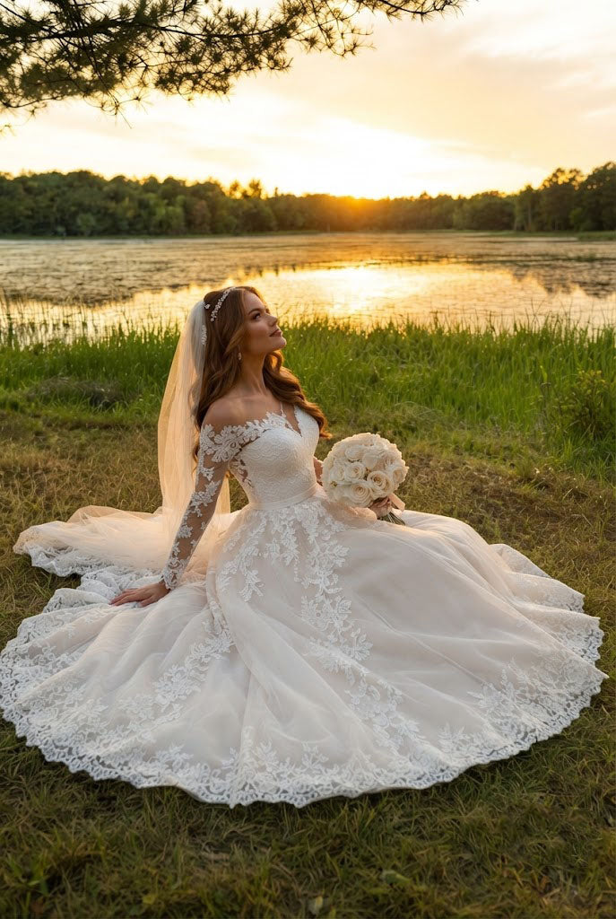 Classy Off-the-Shoulder Lace Long Sleeve Ball Gown Wedding Dresses with Train,WD0632