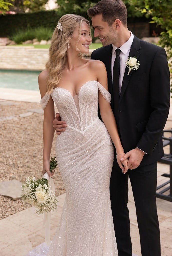 Beautiful Off-Shoulder Corset Bodice Mermaid Wedding Dresses with Glitter Tulle,WD0646