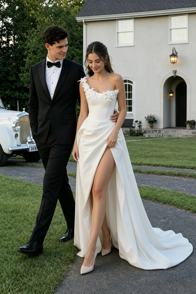 Modern One-Shoulder Satin Wedding Dresses Featuring Floral Applique High Slit,WD0630