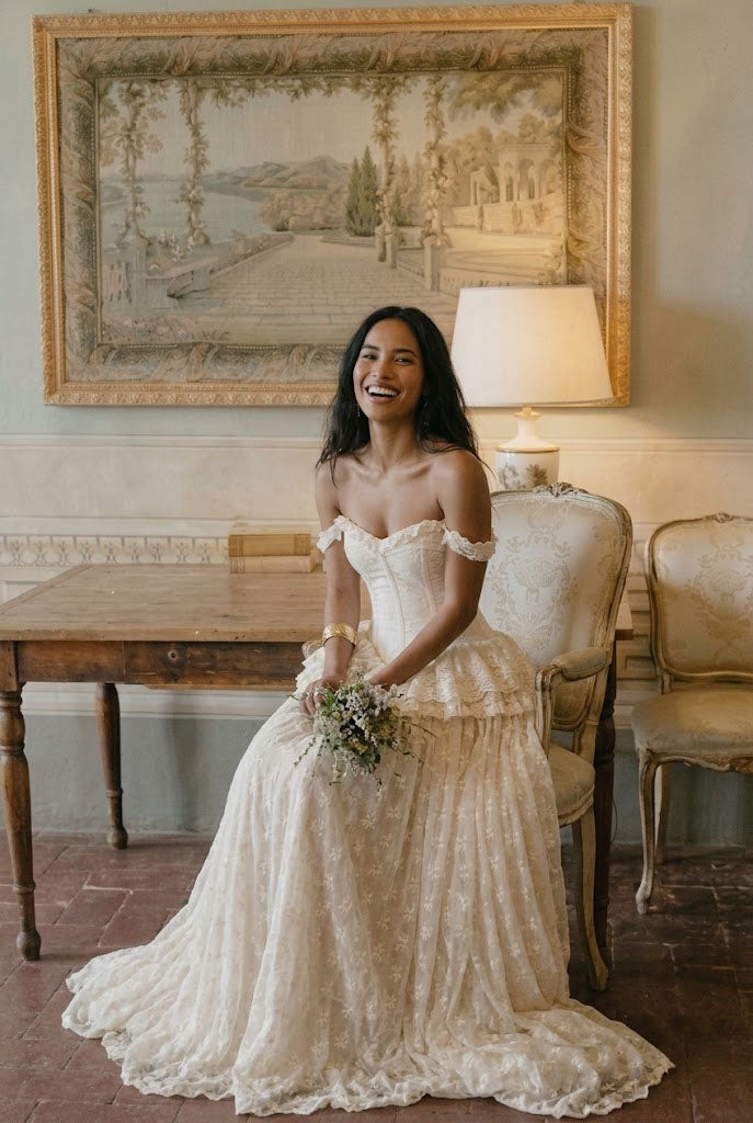 Elegant Off-Shoulder Corset Wedding Dresses Unique Lace A-Line Floor-Length Gown,WD0622